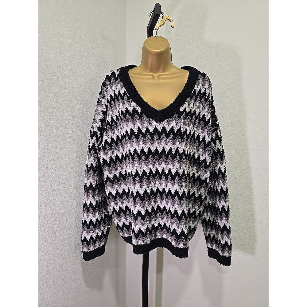 POL Anthropologie Chevron V Neck Fuzzy Sweater Medium Black Gray Baggy, Slouchy